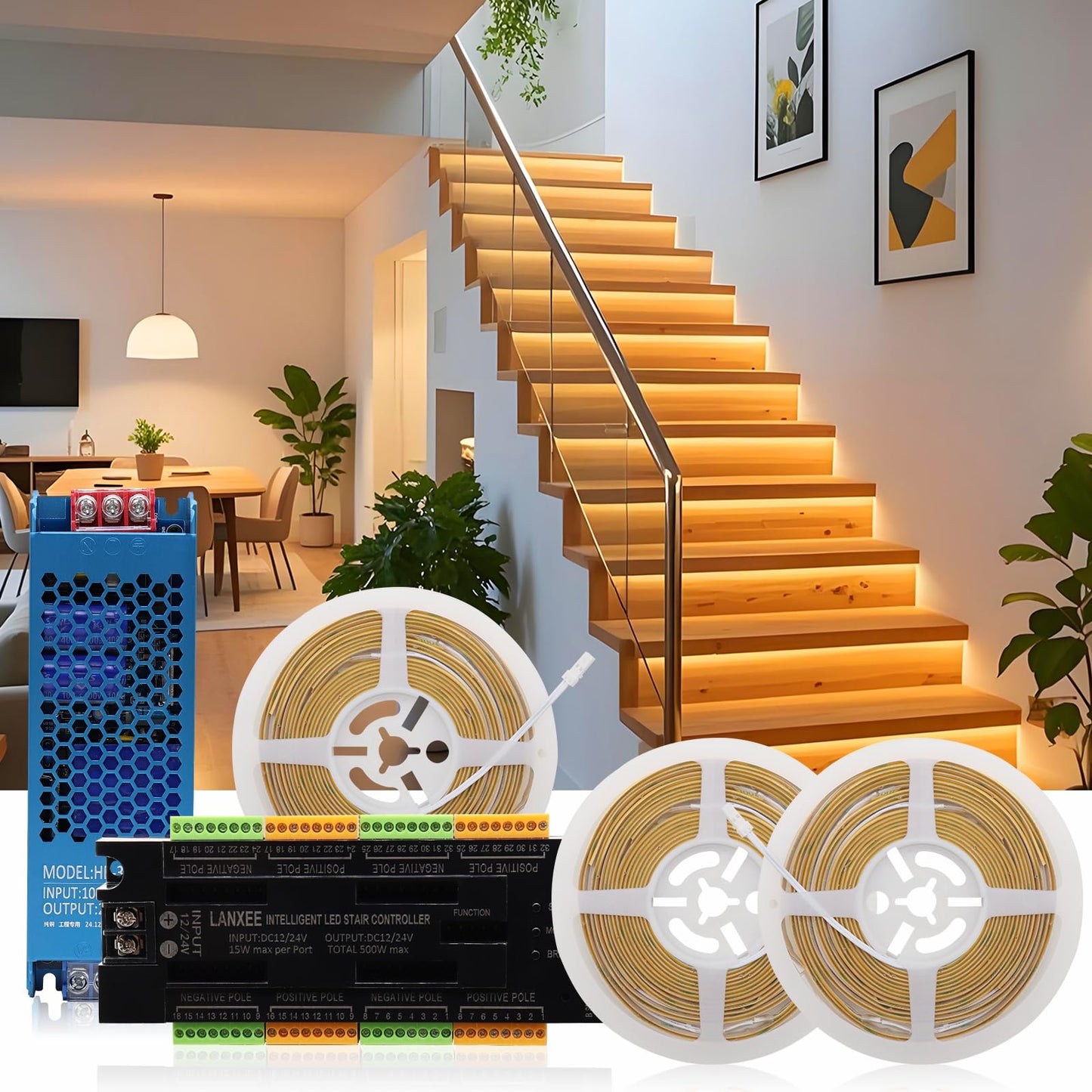 LANXEE Intelligent 16-Step Motion Sensor Stair Light for Indoor, 40 inches Long Cuttable Motion Lights for Stairs (16 Stairs,3000K)