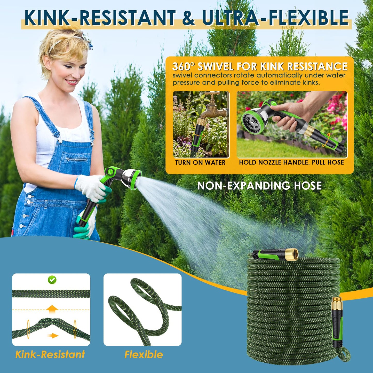 FLOERXIS Non-Expandable Garden Hose 50 FT, Lightweight Hose with 10 Function Spray Nozzle, Kink-Free Flexible Water Hose, Durable, Leak-Proof, 360° Swivel Connectors, Portable Storage Strap