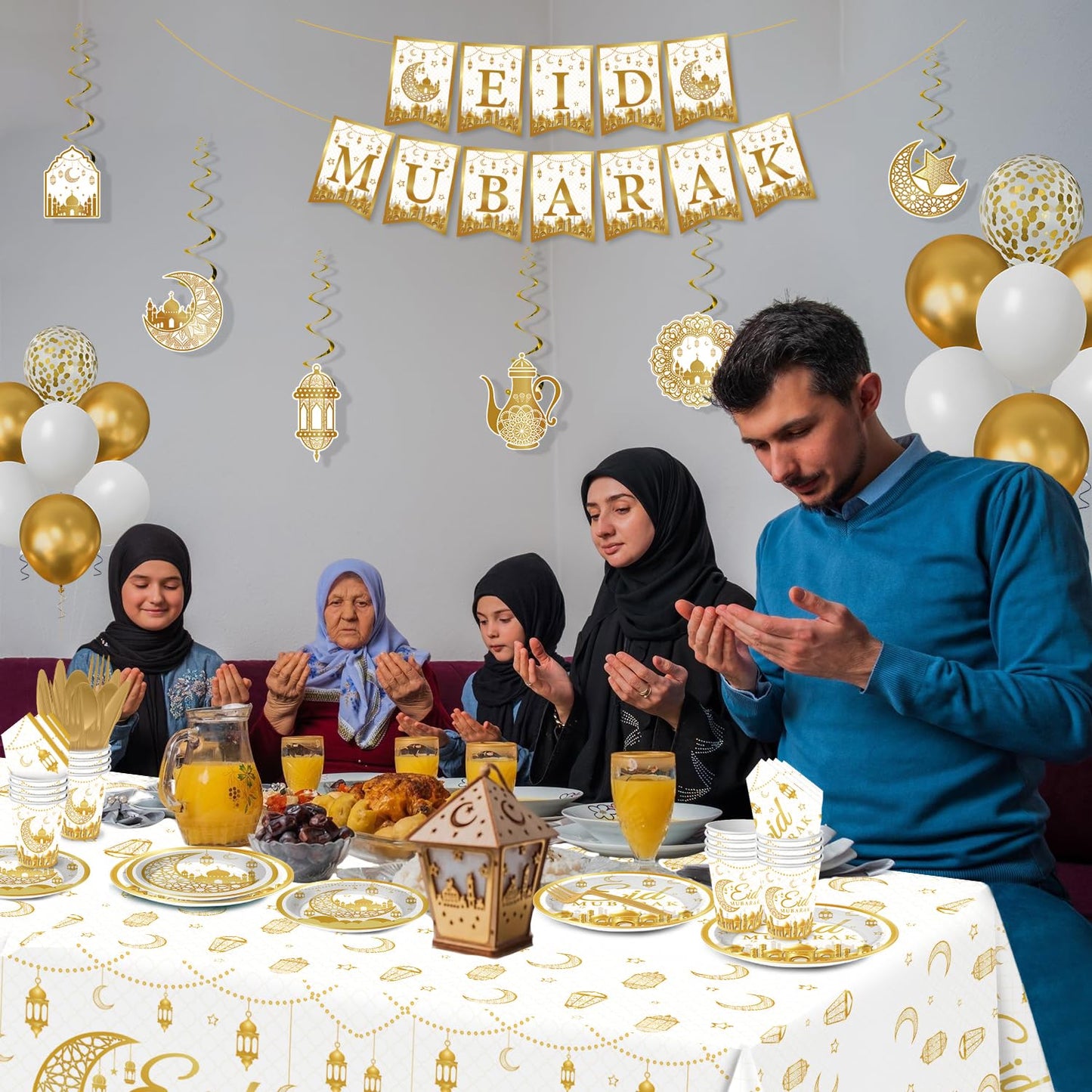 Eid Mubarak Decorations Set, 191 Pcs Party Supplies Serves 24, Cohesive Eid Decor for Family Parties, Iftar & Mosque Events White&Gold