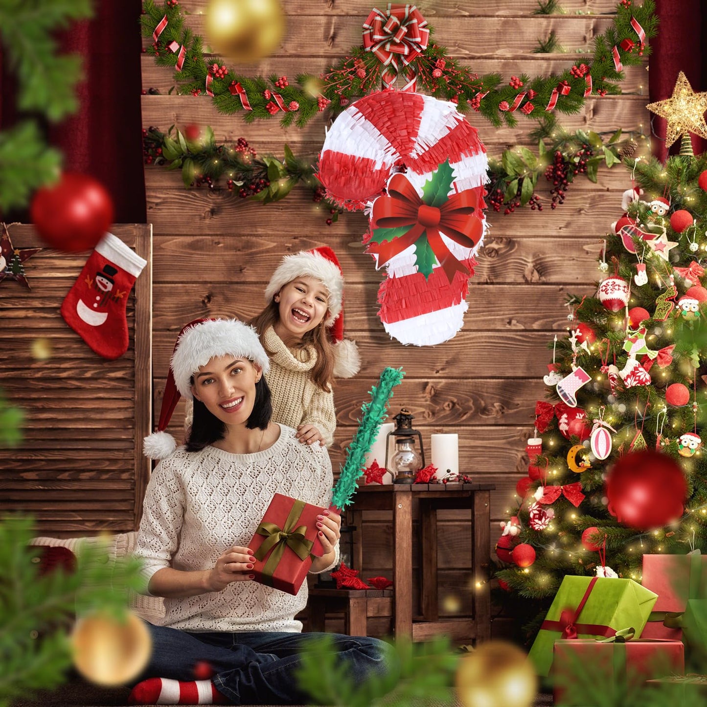 Birchio Christmas Candy Cane Pinatas Bundle with a Blindfold and Bat (Small Size 17x11x4 Inches), Holiday Theme Piñata, Christmas Party Supplies, Xmas Piñata, Party Decoration Games