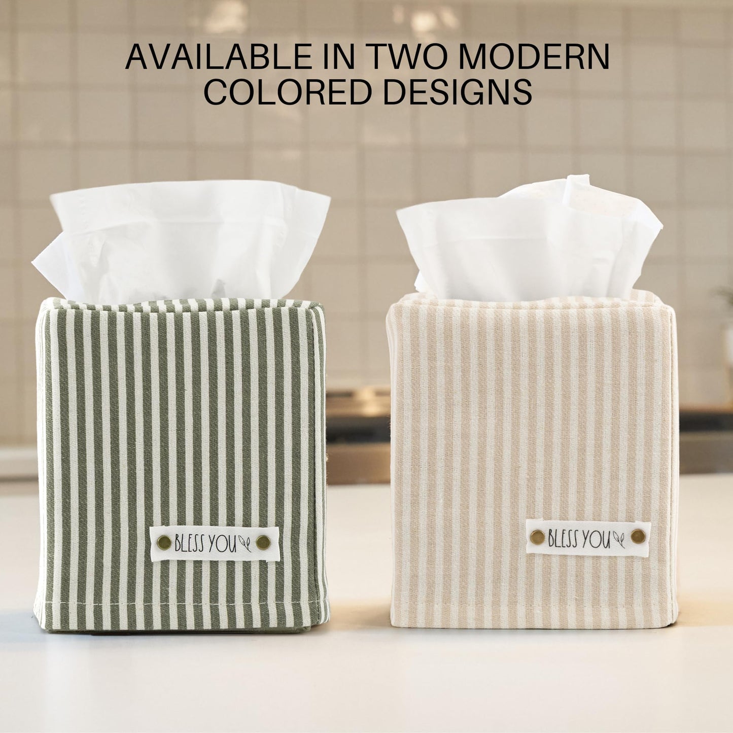 Stylish Tissue Box Cover - This Beige Striped Linen Holder Instantly Covers Your Square Tissue Boxes - The Perfect Cube Cover for Your Bathroom and Home