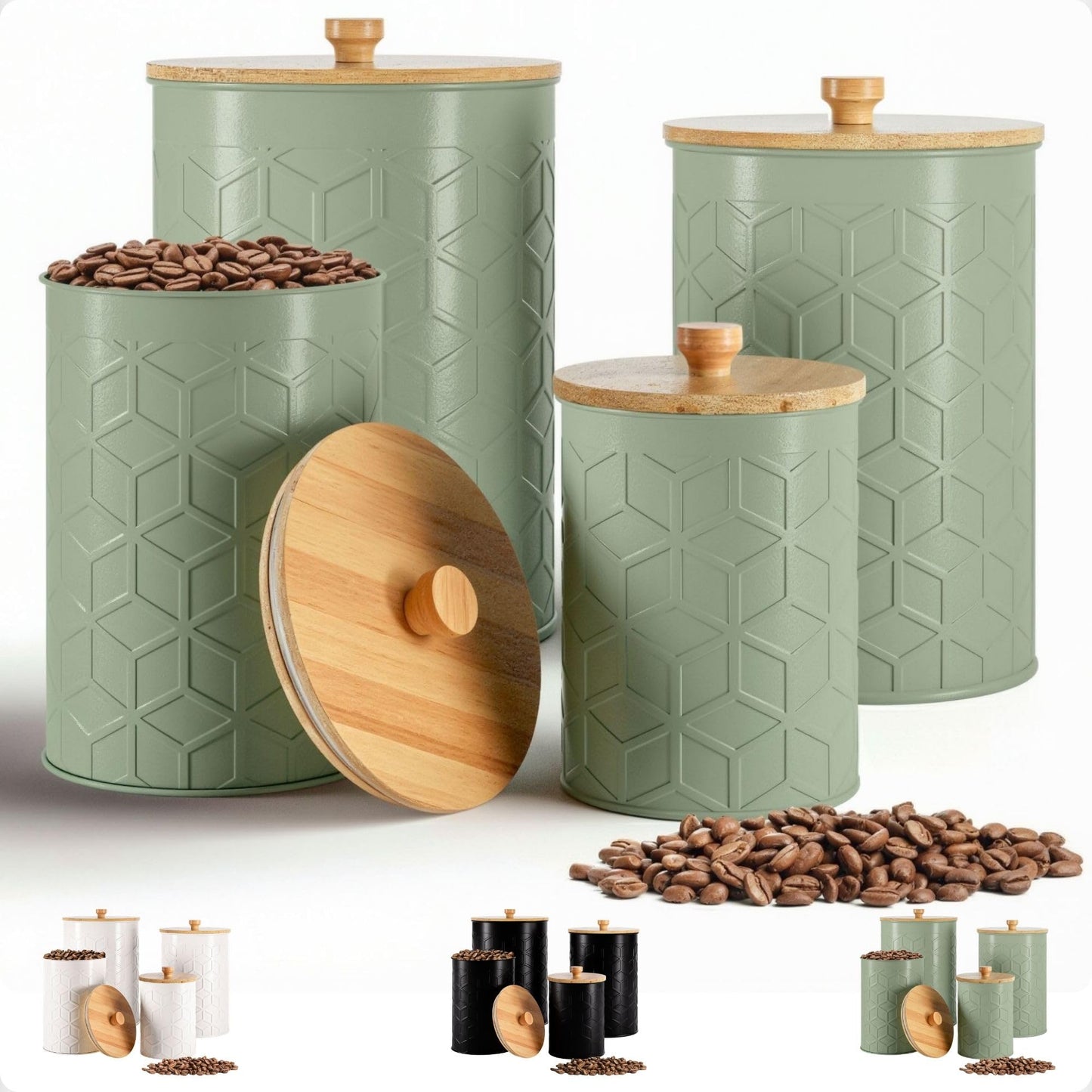 Kitchen Canisters for Countertop Set of 4 - Textured Iron Kitchen Canisters with Airtight Lids - Flour Sugar Canister Set - Flour and Sugar Containers Farmhouse - Coffee Jar for Counter - Sage Jar x4