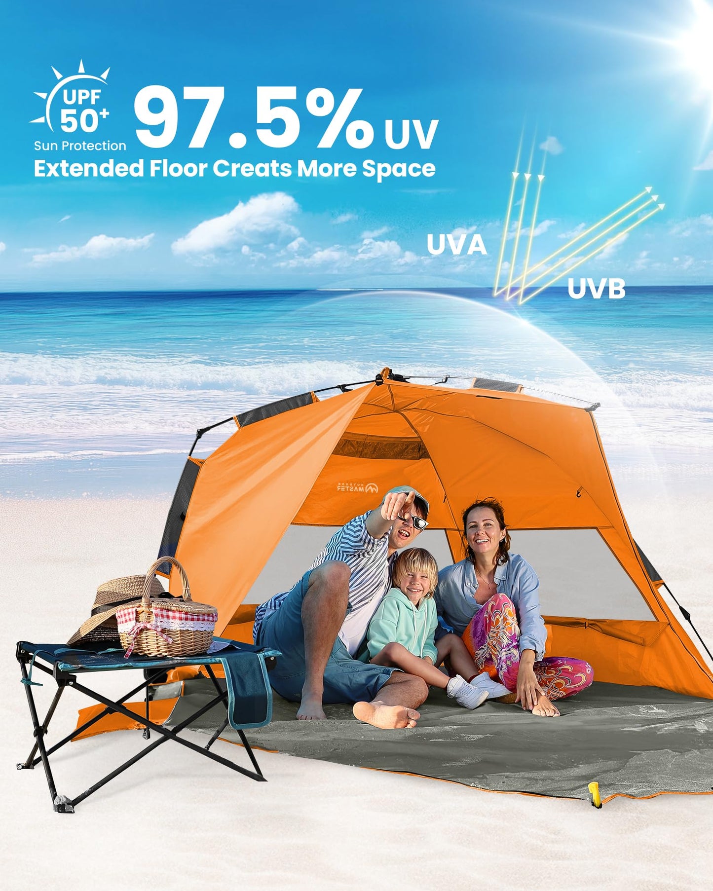 OutdoorMaster Beach Tent Sun Shelter for 3-4 Person, Pop Up Beach Tent Easy Setup with Sandbags, Portable Sun Shade Canopy with Carrying Bag for Beach & Outdoor, UPF50+ UV Protection - Orange