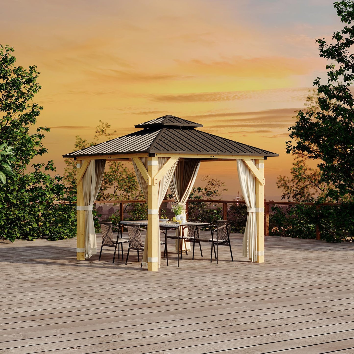 Garvee 10x10 Ft Wood Gazebo, Upgrade Spruce Frame and Double Galvanized Steel Roof, Hardtop Gazebo with Nettings and Curtains for Backyard, Patio, Garden and Lawn, Khaki