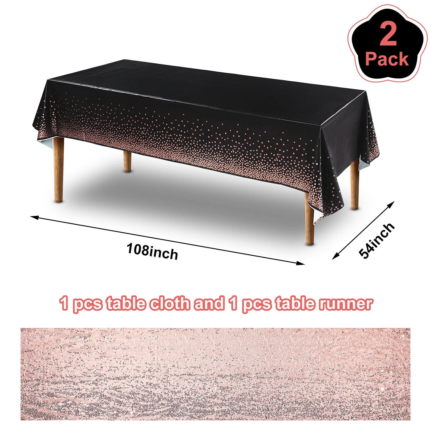 Irenare Tablecloth and Sequin Table Runner Set Polka Dots Confetti Table Cover Dining Plastic Tablecloths Glitter Decorations for Birthday Wedding Anniversary Party Supplies(Black, Rose Gold,2 Pcs)