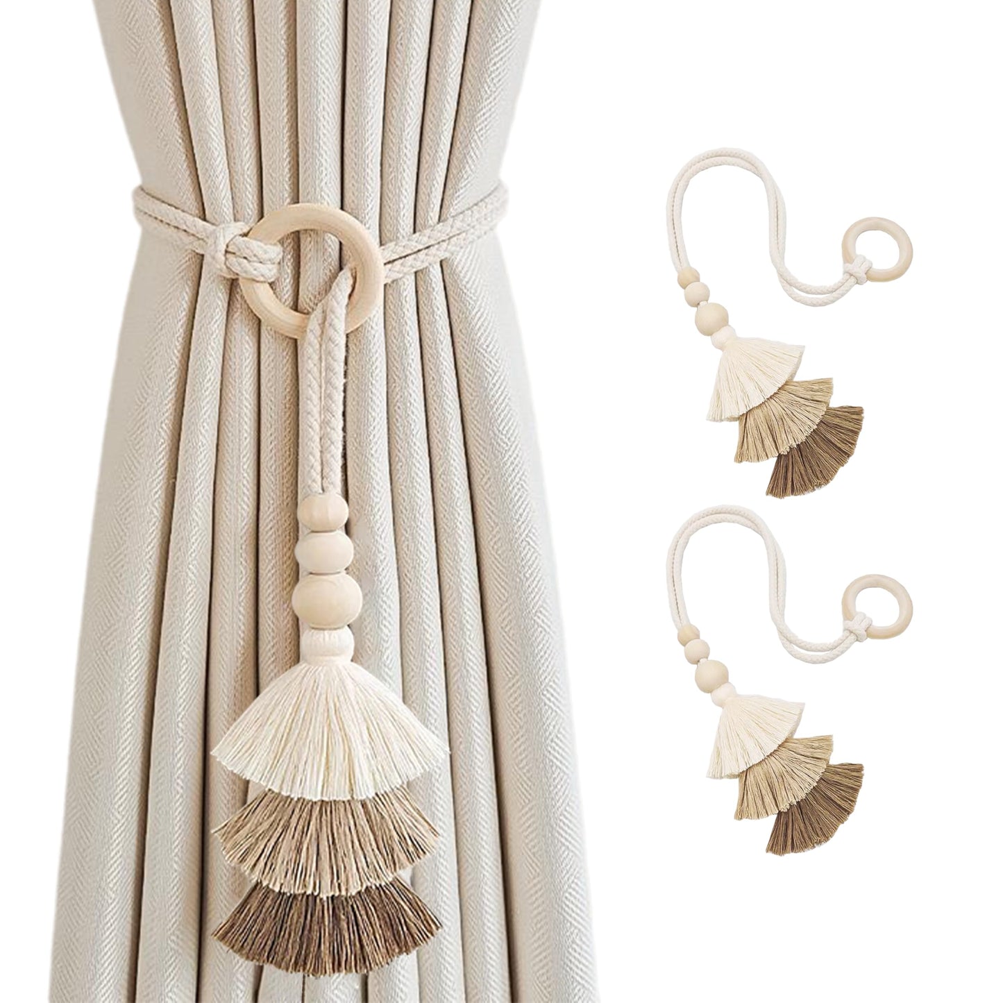 SRG Rope Curtain Tiebacks with Tassel Boho 2 PCS Handmade Wooden Ring Curtain Tie Backs Accessories Wall Decoration Drapery Curtain Holdbacks for Bedroom Window