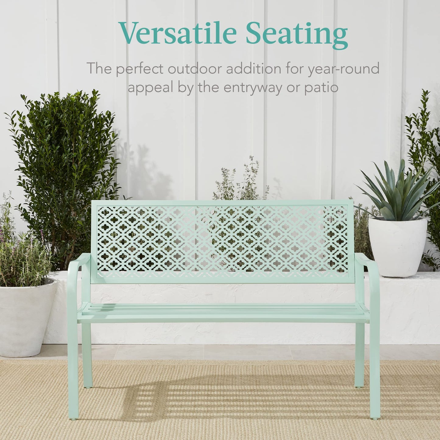 Best Choice Products Outdoor Bench 2-Person Metal Steel Benches Furniture for Garden, Patio, Porch, Entryway w/Geometric Backrest, 790lb Capacity - Mint Green