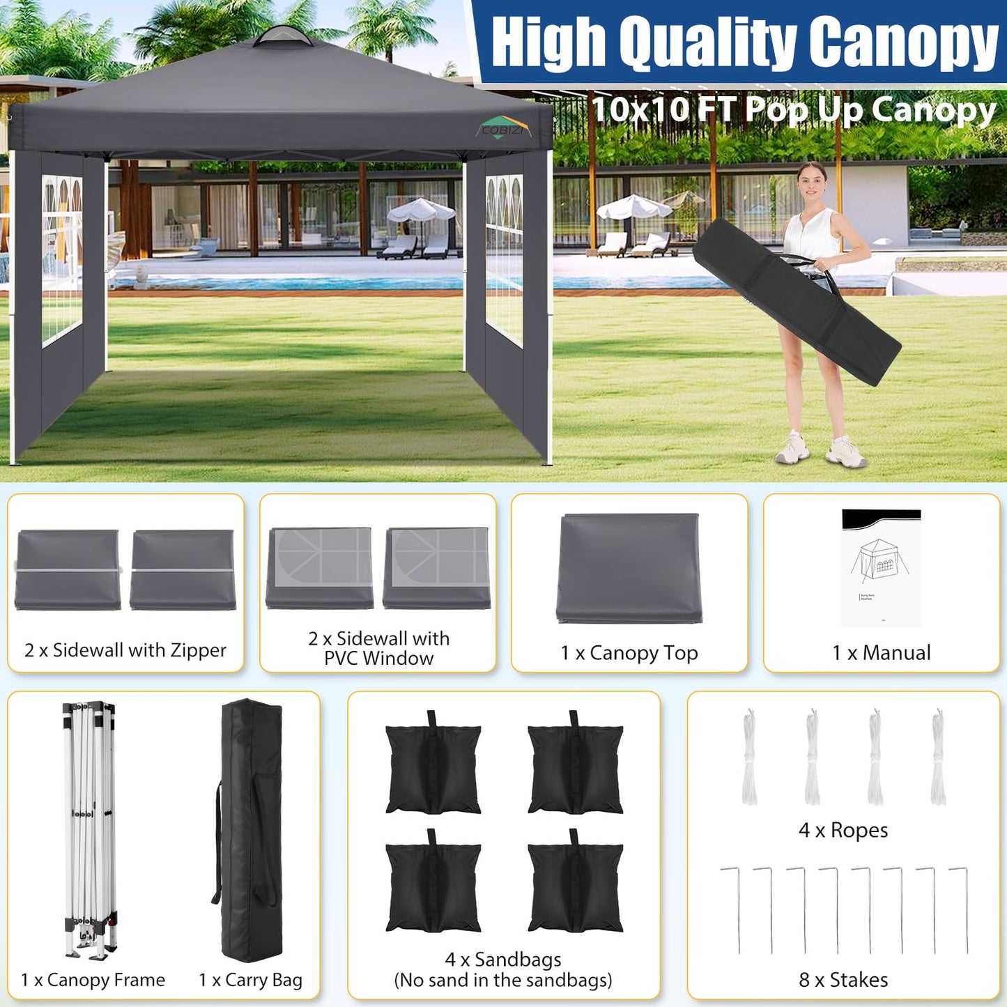 COBIZI 10x10 Pop Up Canopy Tent, One Push Outdoor Gazebo with 4 Removable Sidewalls & Air Vent, Waterproof Commercial Easy Up Adjustable Canopy with 4 Sandbags, 4 Stakes & 8 Ropes for Party,Grey