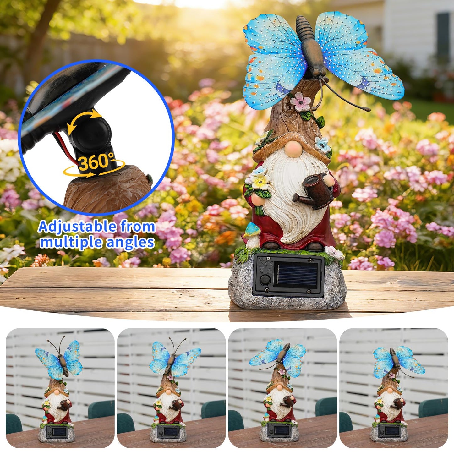 WSgift Garden Gnome Statues Solar-Powered Butterfly Resin Figurine Waterproof Outdoor Decor Mother's Day Blue
