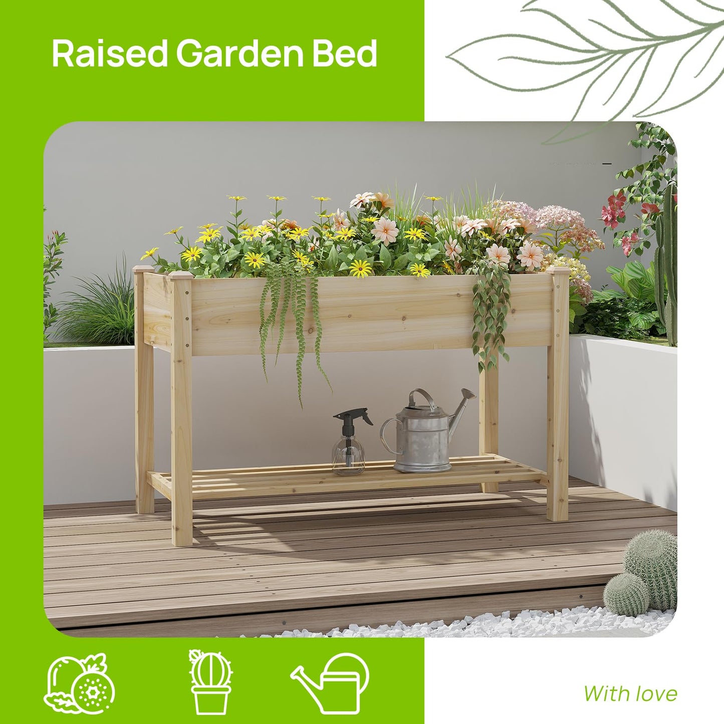 Raised Garden Bed with Legs, Wooden Planter Box with Storage Shelf, Elevated Wood Planter Box for Vegetables Flowers Herbs, Garden Planter for Backyard, Patio, Balcony, 48x24x30.7inch (Natural, M)