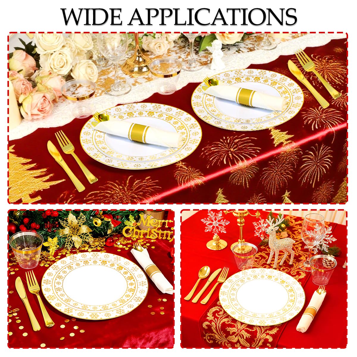 175 Pcs Christmas Plastic Plates Dinnerware Set Disposable Winter Snowflake Plates Include Plate,Gold Cups,Pre Pre Rolled Napkins with Gold Plastic Silverware for Holiday Winter Party (25 Guests)