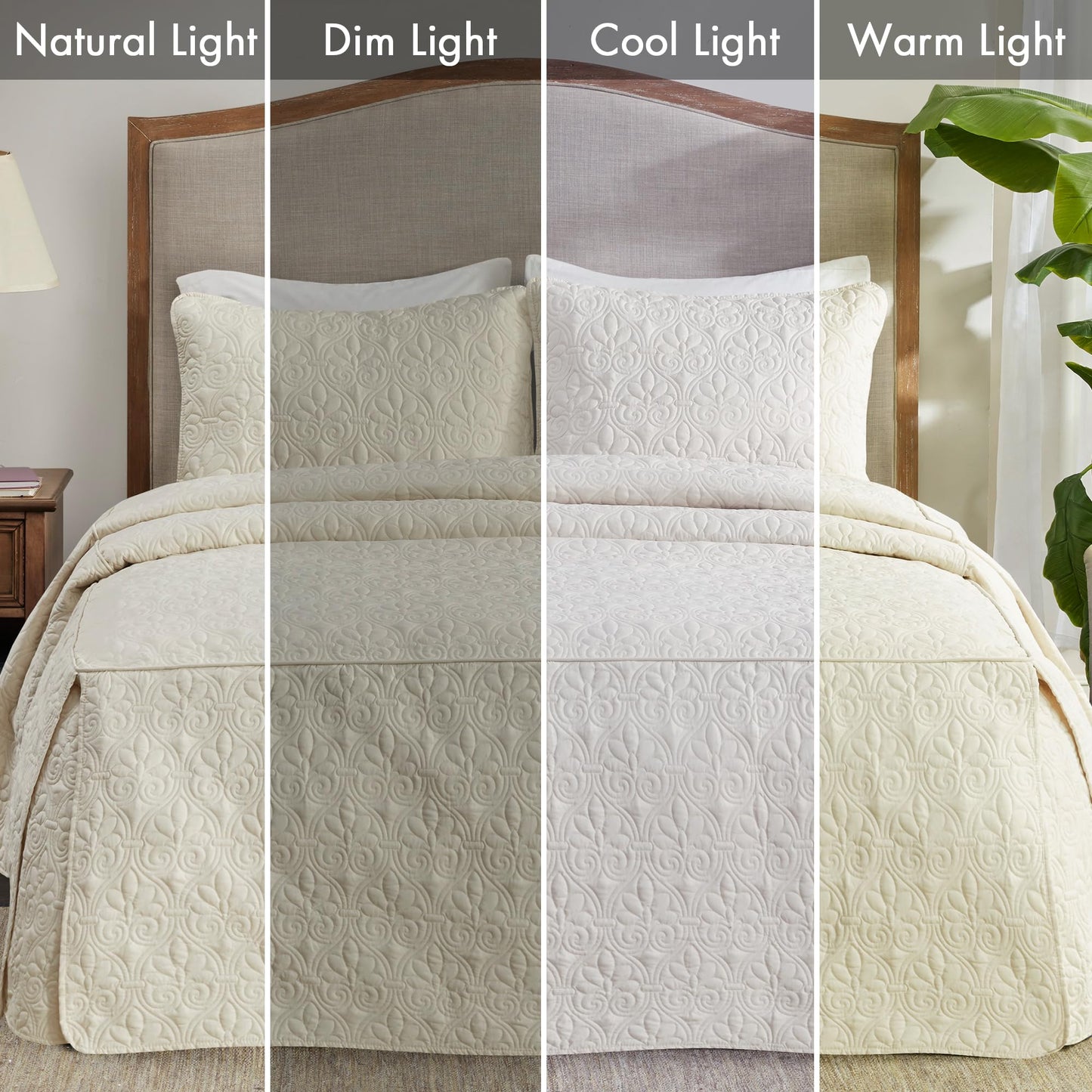 Madison Park Quebec Split Corner Quilted Bedspread Classic Traditional Design All Season, Lightweight, Bedding Set, Matching Shams, Queen, Damask Quilted Cream 3 Piece