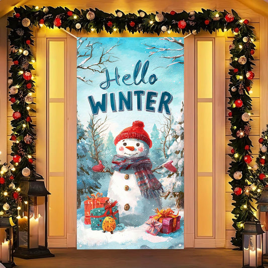 BlissYard Hello Winter Decorations Door Cover 71x35 Inch Christmas Snowman Door Covers Party Banner for Front Door Porch Decor Photography Backdrop Home Kitchen Winter Seasonal Entryway Decor
