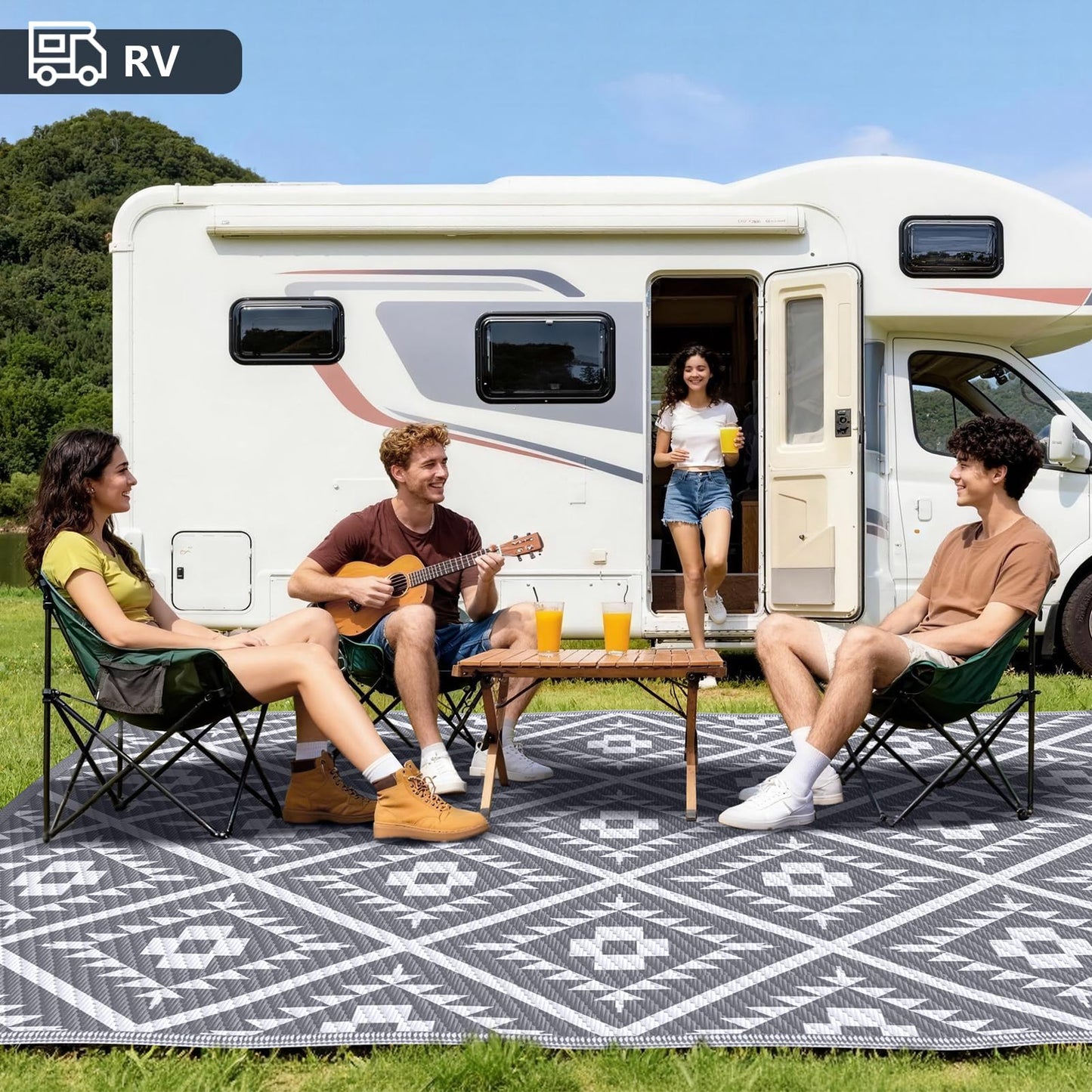 COOLTOP 8'x10’ Outdoor Rug for Patios Porches, Waterproof Plastic Camping Rugs, Modern Reversible Mat, Large Area Rugs for Backyard, Deck, RV, Balcony, Picnic, Beach, Grey & White