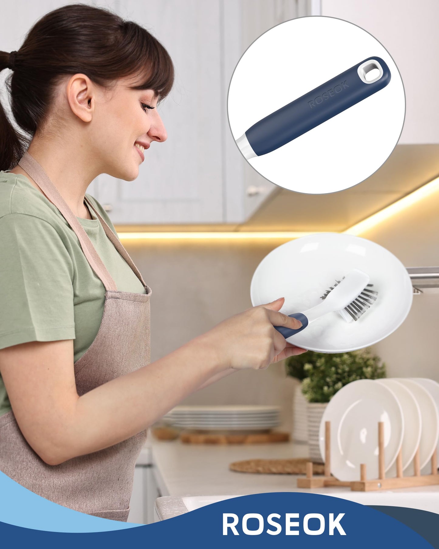 ROSEOK Dish Brush with Built-in Scraper,Kitchen Scrub Brush for Cleaning Dishes,Pots,Non-Stick Pans and Sinks,Navy Blue,2 Pack
