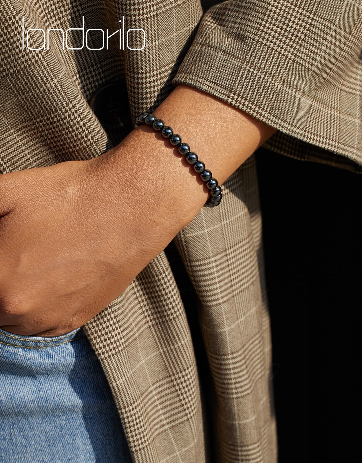 Landorilo Beaded Bracelet for Men Women, 6mm Natural Stone Hematite Healing Crystal Stretch Bracelets, Ideal Christmas Birthday Jewelry Gifts with Energy Card，Replacement Beads Included