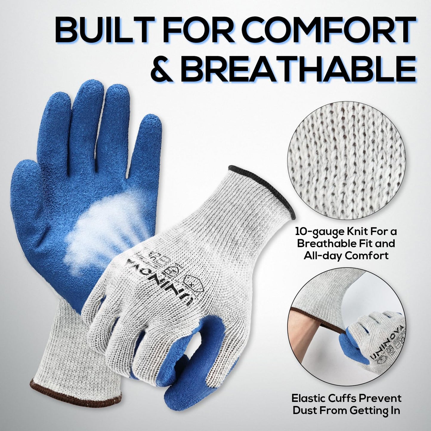 UNINOVA Work Gloves, Crinkle Rubber Latex Palm Coating, Safety Work Gloves with Grip, Non-slip Bulk for Men Women, Construction Warehouse General Handling(Medium,12Pairs)
