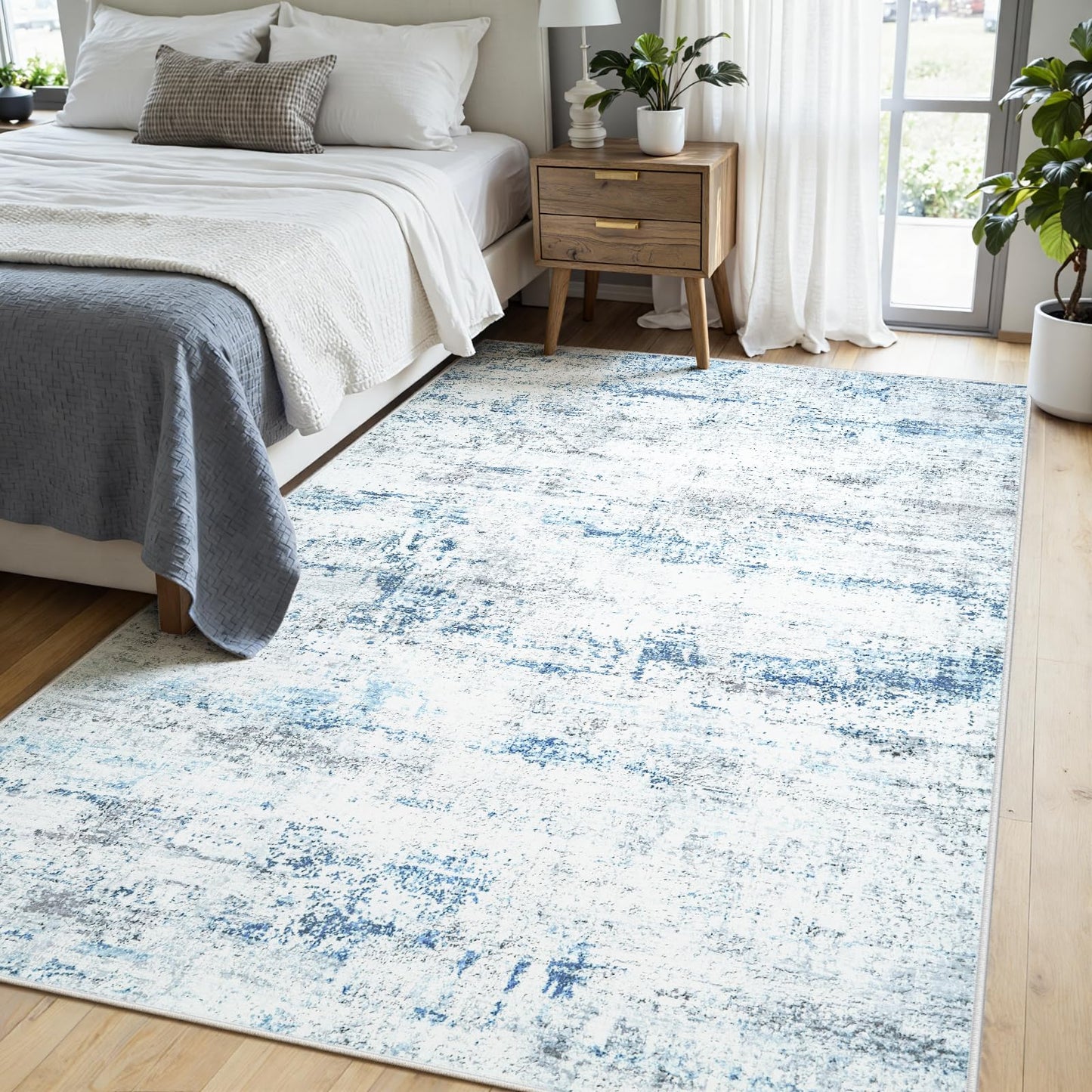 Area Rug Living Room Rugs: 5x7 Large Soft Indoor Carpet Modern Abstract Rug with Non Slip Rubber Backing for Under Dining Table Nursery Home Office Bedroom White Gray Blue