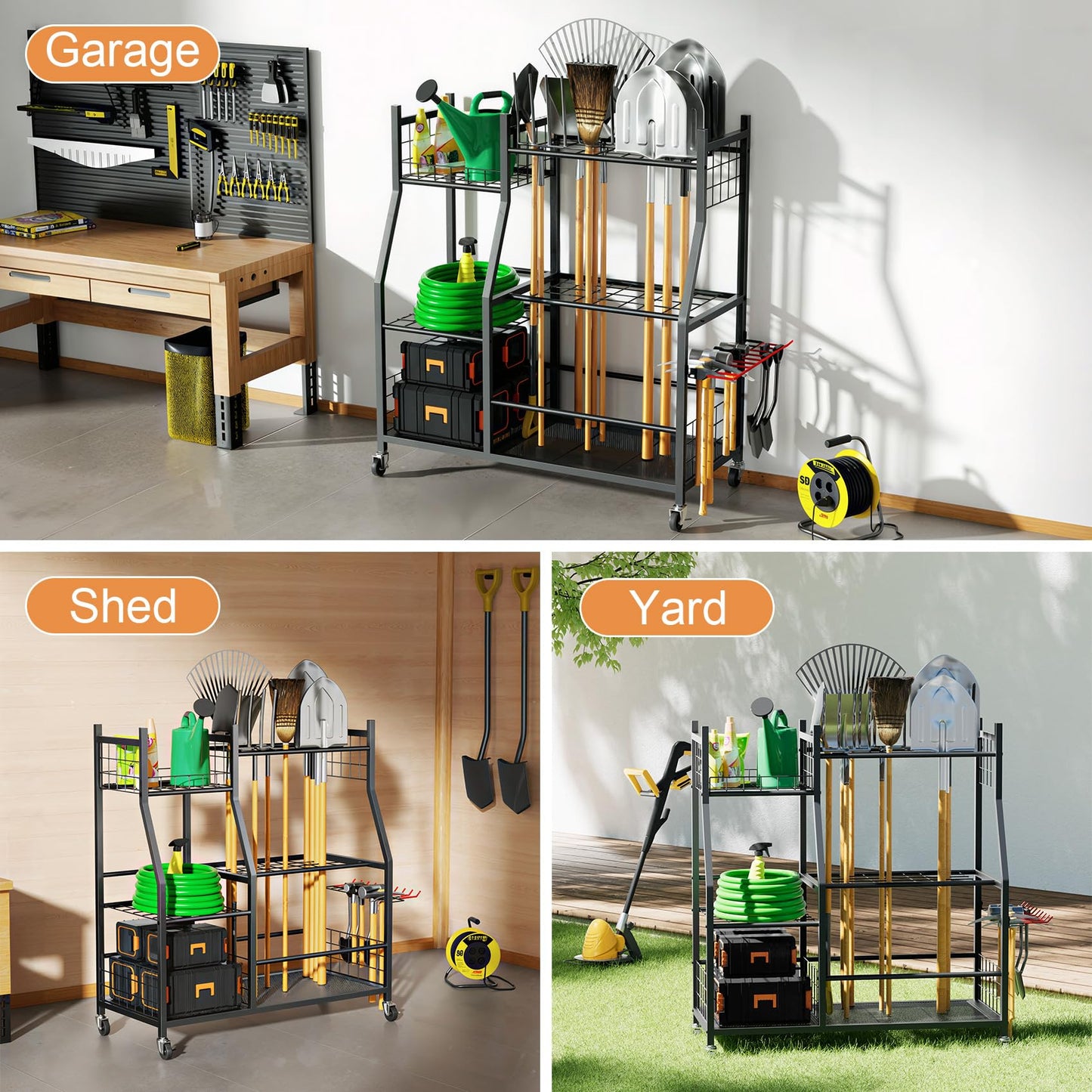 Garden Tool Organizer with Wheels for Garage, Freestanding Garage Tool Organizer, Yard Tool Holder, Garden Tool Cart for Long Handled Tools,Rakes, Brooms, Yard Storage Rack for Shed, Indoor, Outdoor