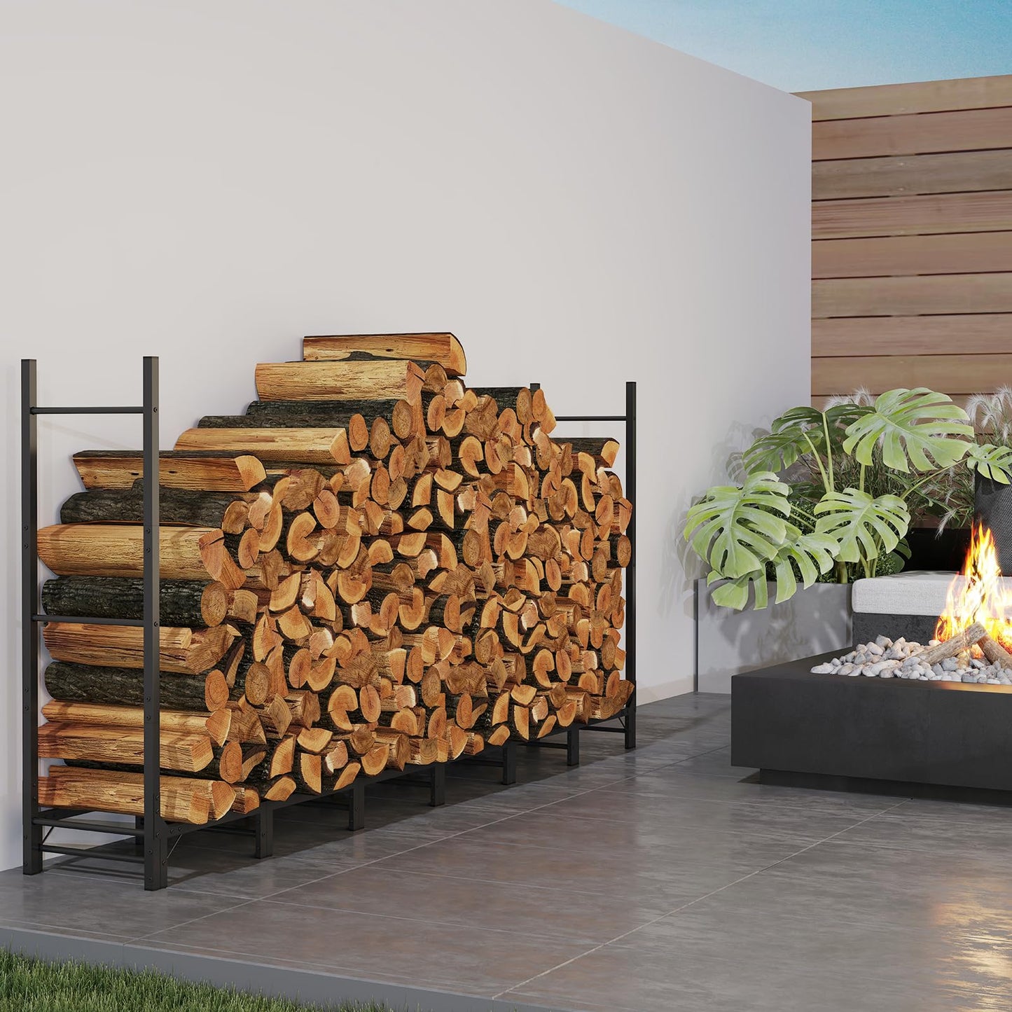 C-Hopetree 8Ft Outdoor Indoor Firewood Rack, Adjustable Metal Log Holder for Fireplace, Heavy Duty Wood Pile Storage Organizer Stacker Stand, Black