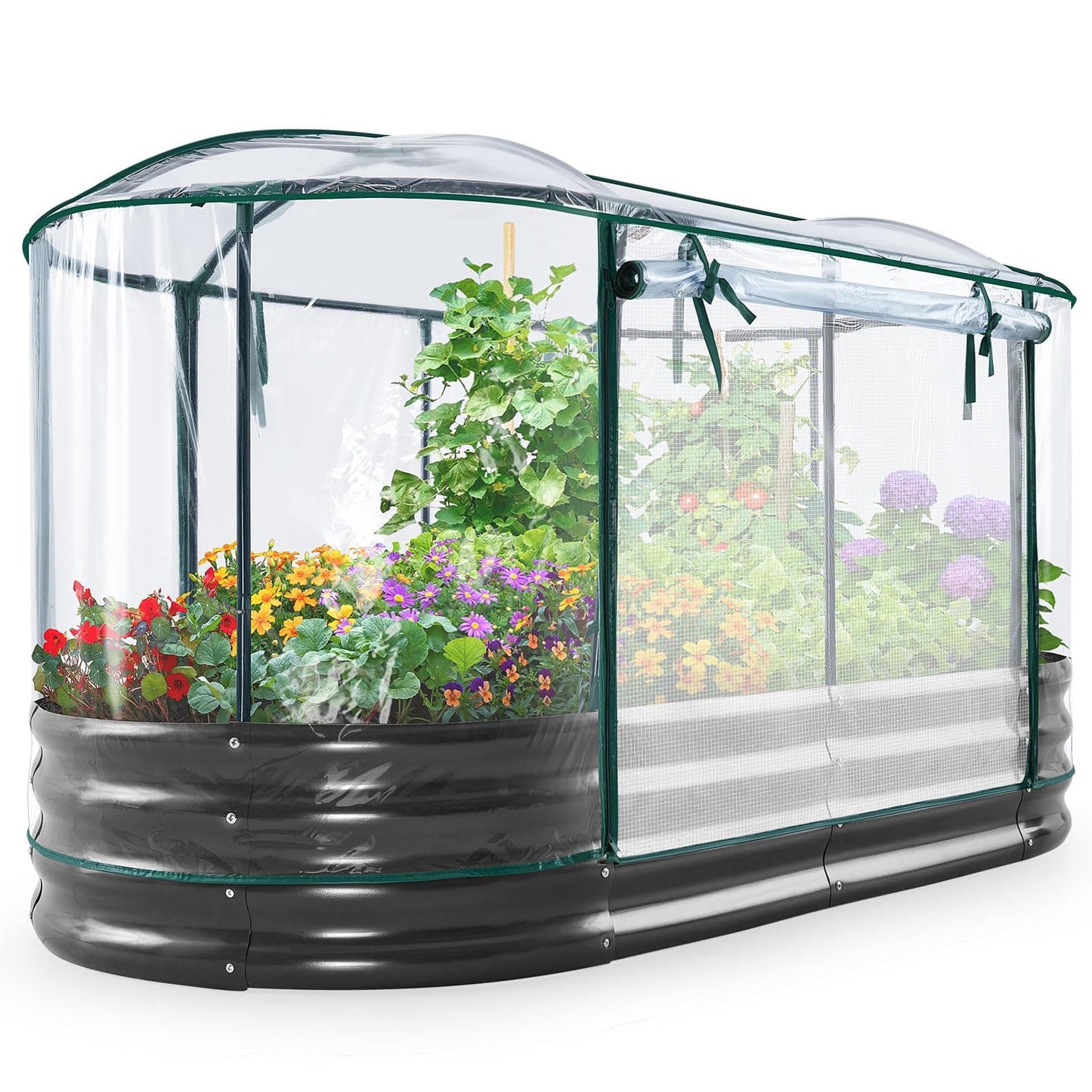 KING BIRD Raised Garden Bed with Cover Galvanized Oval Planter Garden Box Outdoor for Gardening, Vegetables, Flowers, Clear