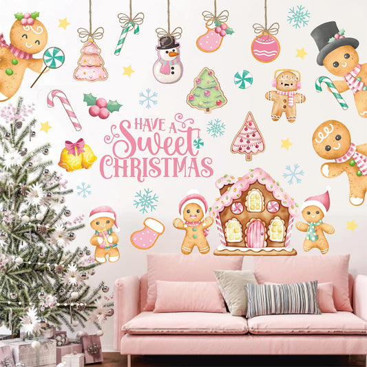 JarThenaAMCS 9 Sheets Christmas Wall Stickers Watercolor Pink Gingerbread Man House Wall Stickers Have A Sweet Christmas Large Room Mural Decals for Xmas Winter Home Party Decoration