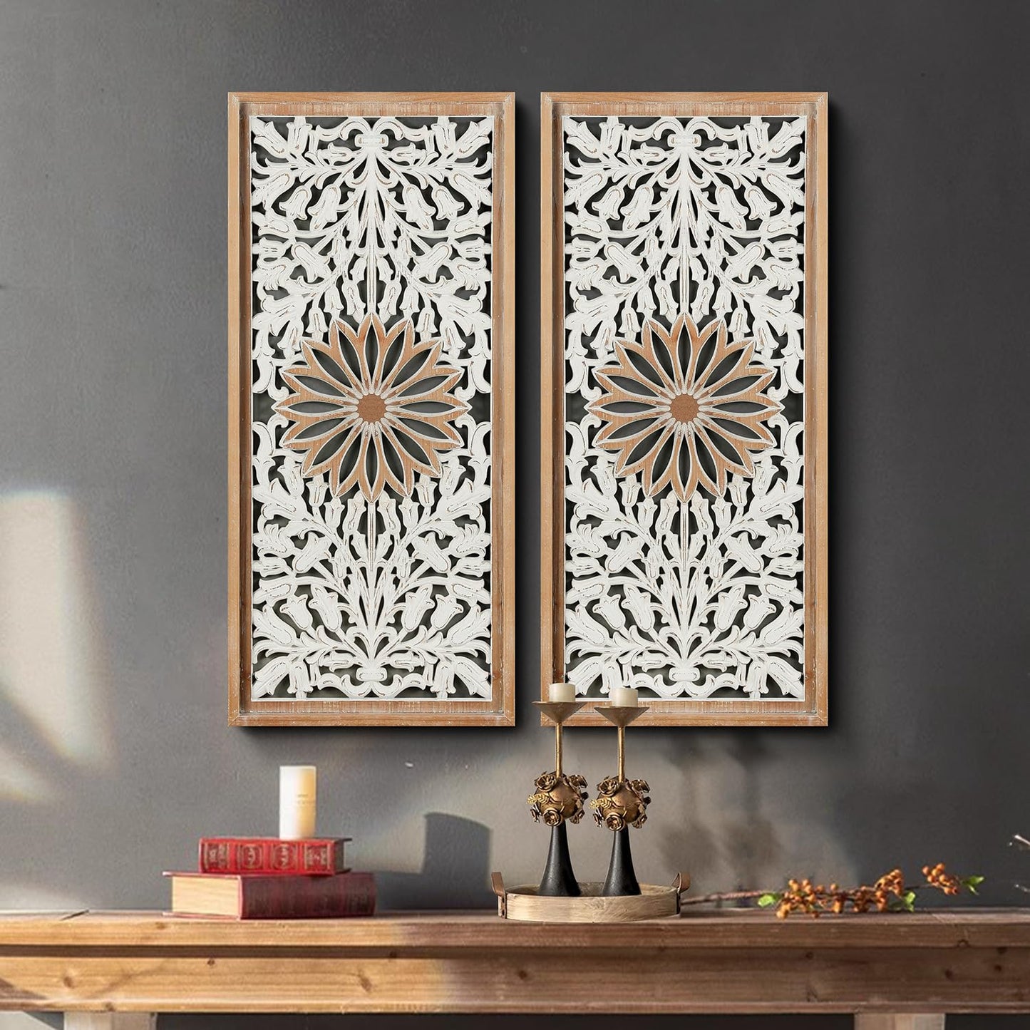 XIAOAIKA Boho Carved Wood Wall Art - Distressed Antique Floral Design Decorative Wall Panels, Large Wood Sculpture for Living Room, Bedroom, Entrance Hall (33 Inches, 2 Panels)