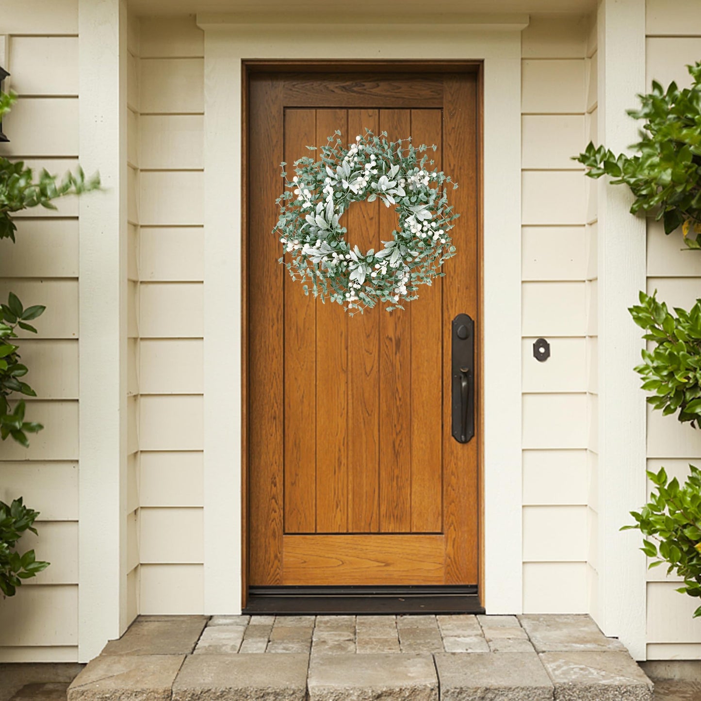Sggvecsy Artificial Greenery Leaves Wreath for Front Door 22 Inch Greenery Boxwood Wreath with Flocked Lambs Ear White Berries for Spring Summer Farmhouse Wall Home Indoor Outdoor Decor