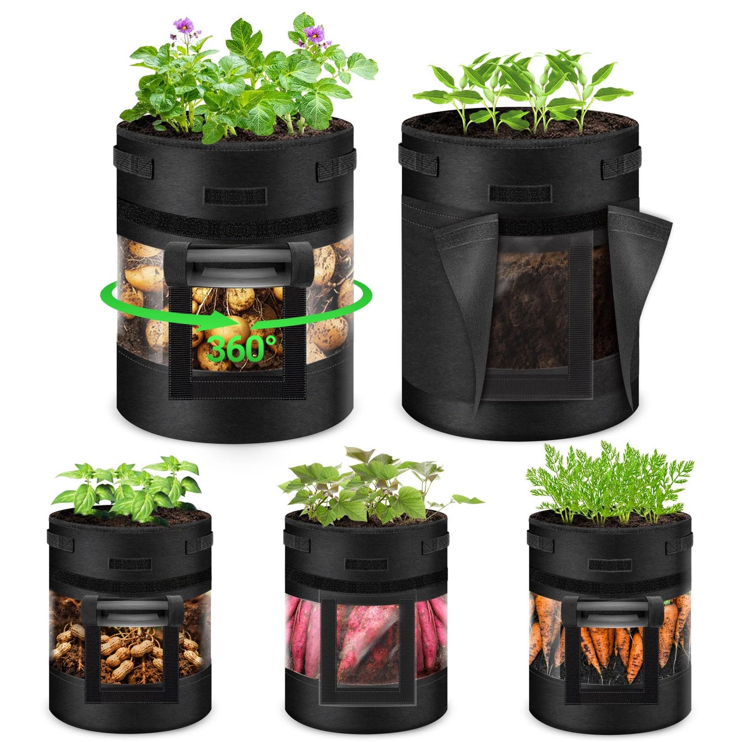 5 Pack 10 Gallon 360° Visible Potato Grow Bags with Shading Flap & Harvest Window – Heavy Duty 400g Non-Woven Fabric Potato Bags for Growing Potatoes with 10 Green Labels, Potato Growing Containers