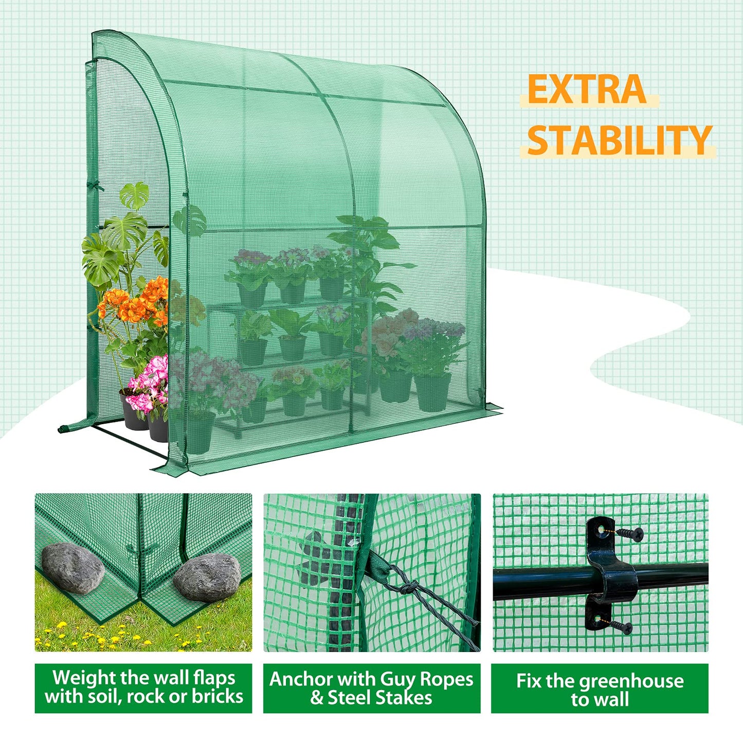 EAGLE PEAK 3 Tier Lean to Portable Greenhouse, Heavy-Duty Indoor & Outdoor Garden with Wire Shelves, 2 Roll-Up Zipper Doors, Easy Assembly, 79"x39"x83" Clear/Green PE Cover