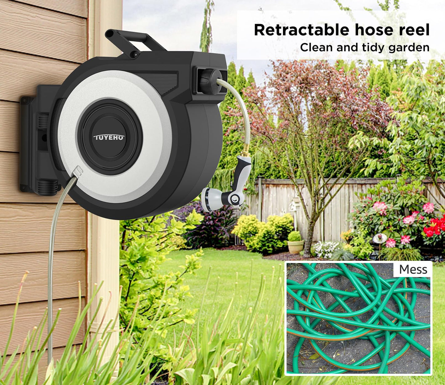 Tuyeho Retractable Garden Hose Reel 130 FT, Wall Mount Heavy Duty Water Hose Reels with Automatic Slow Rewind System, Outdoor Hoses Reel with 2 Hose Nozzles for Garden Watering, Car Wash, Pet Shower