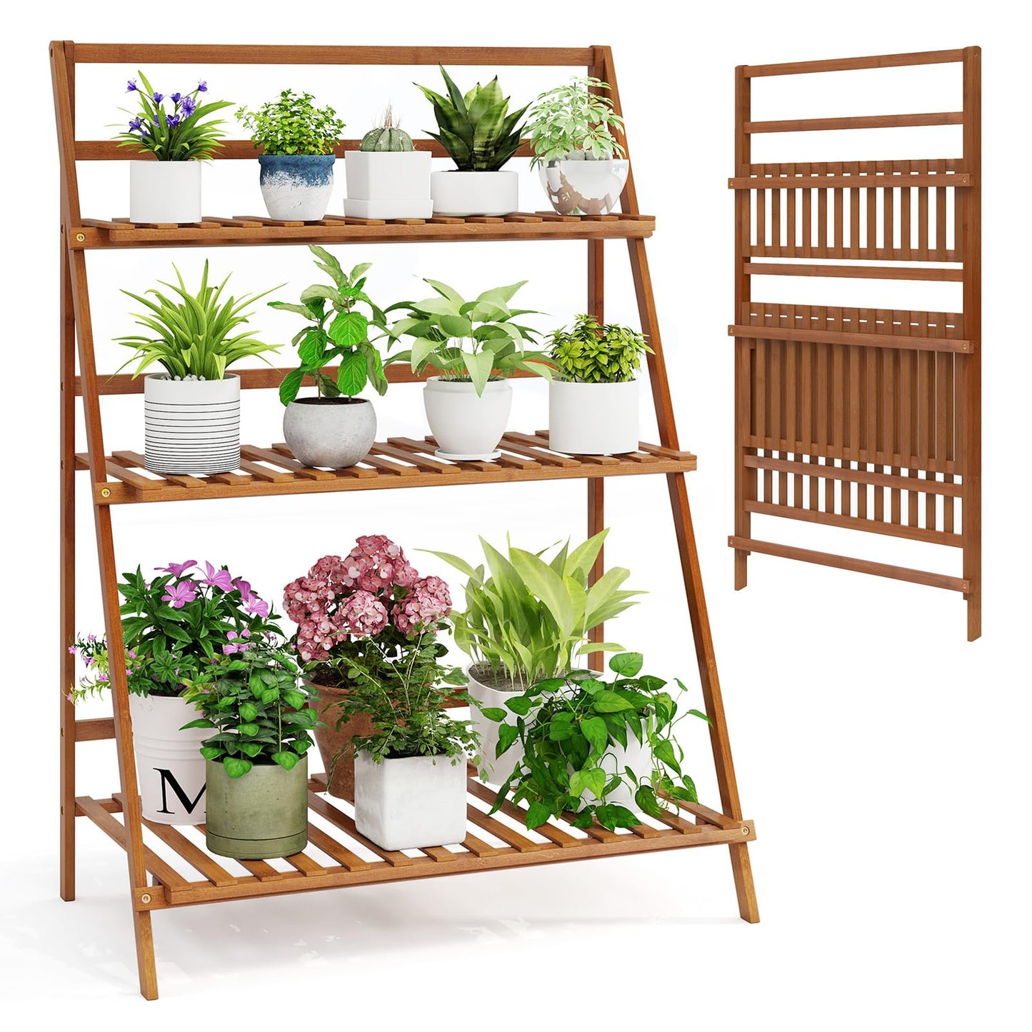 DREAMADE Plant Stand, 3 Tier Bamboo Ladder Plant Stand with Foldable Design, Anti-falling Crossbar, Freestanding Plant Shelf for Indoor Outdoor, Living Room Balcony Patio Garden