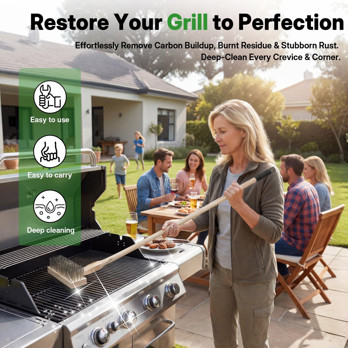 FULEIYA 2PCS 51" Stainless Steel Grill Brush for Outdoor Grill Cleaning Brush with Long Handle, BBQ Grill Brush Detachable Double Ended Wire Bristle Brush Grill with Fixing Bolts & Wrench