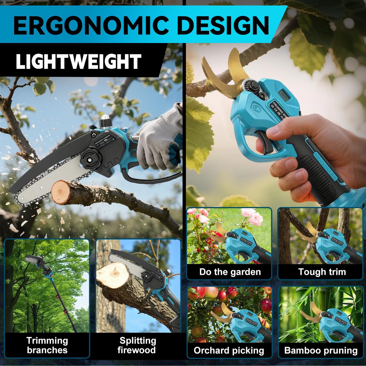 Gpaentsn 4-in-1 Brushless Mini Chainsaw & Electric Pruning Shears Combo Kit with 8.5ft Extension Pole, 6-Inch Cordless Pole Saw, Electric Pruning Shears, 2x 21V Batteries, Tool Set for Tree Trimming
