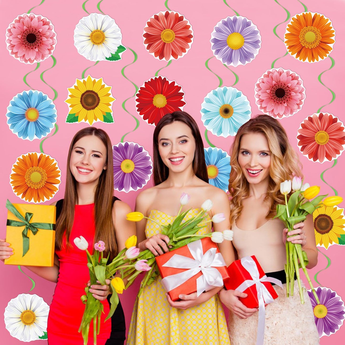 40Pcs Spring Flowers Hanging Swirl Decorations, Spring Summer Party Ceiling Hanging Swirls Floral Swirls Streamers for Springtime Easter Birthday Wedding Party Decor