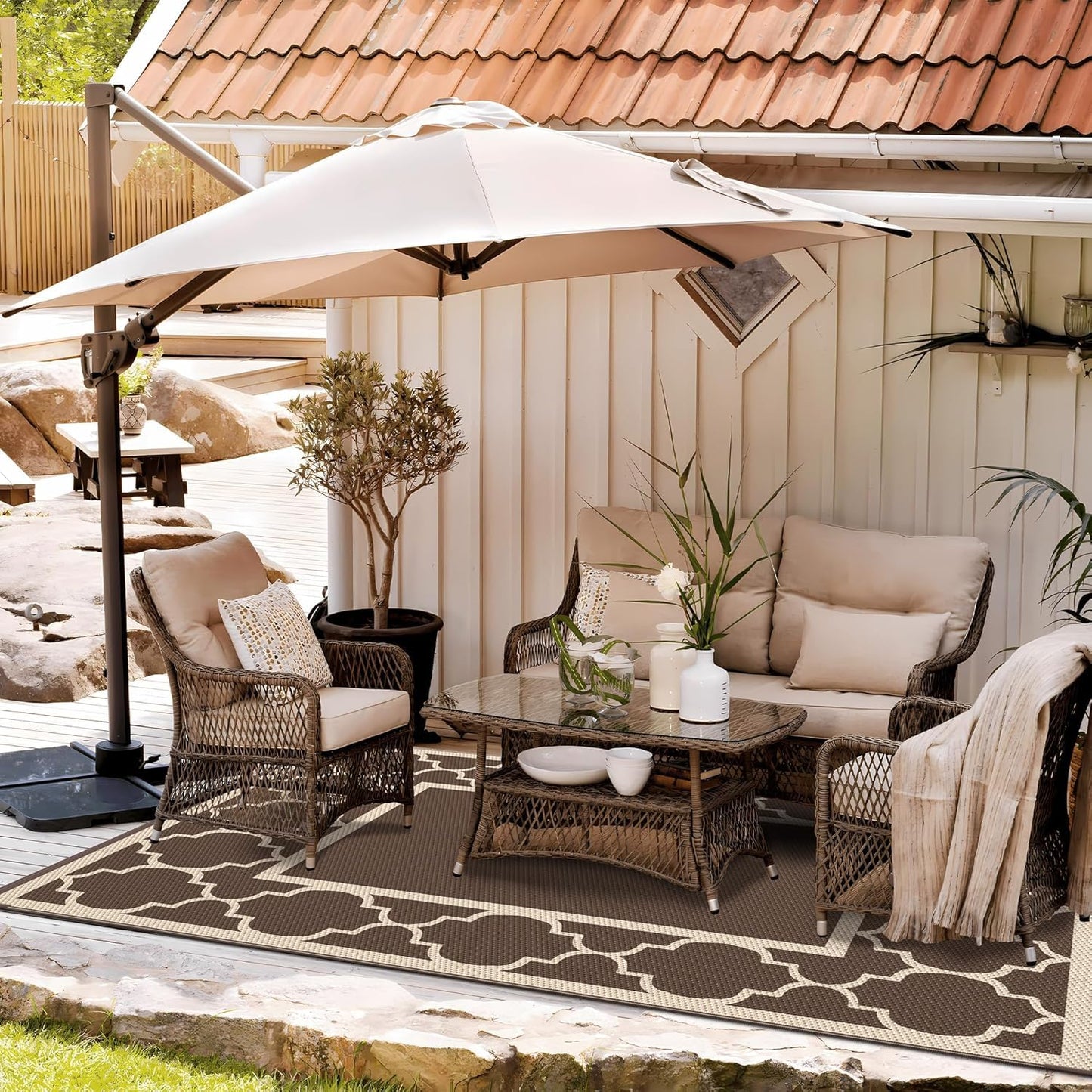 GENIMO Outdoor Rug 8' x 10' Patio Waterproof, Foldable Reversible Plastic Straw Area Rugs Mat for Camper Decor, Outside Carpet for Rv, Deck, Porch, Picnic, Beach, Balcony, Coffee & Beige