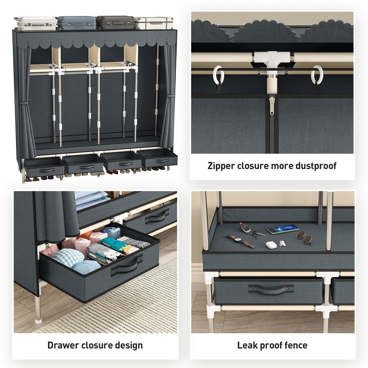 LEAIJIAFY Large Portable Wardrobe with 4 Hanging Rods and Drawers, Armoire, Metal Storage Wardrobe Hangers, Upgraded Grey Non-Woven Dust Cover for Handing Closet,Large Closets for Bedroom