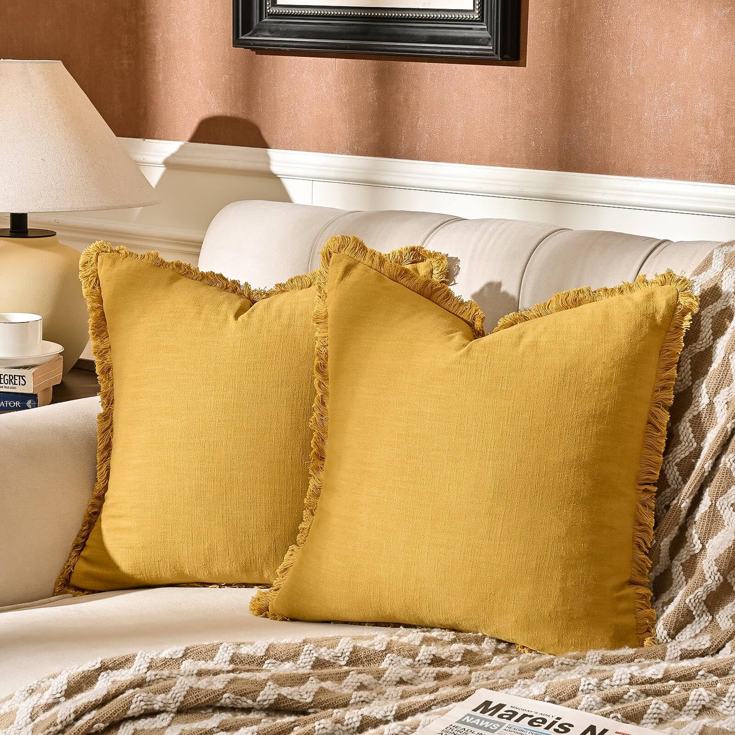 AmHoo Pack of 2 Linen Pillow Covers with Tassels Fringed Decorative Rustic Natural Throw Pillowcase Cushion for Couch Sofa Bedroom 18 x 18-Inch Mustard Yellow