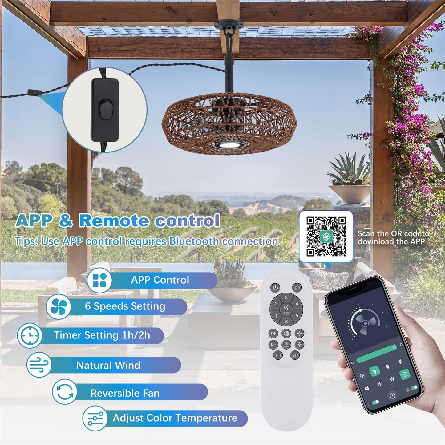 She's home 20'' Outdoor Gazebo Fan with Lights and Remote, Outside/Indoor Hanging Rattan Ceiling Fan, 3CCT Dimmable, 6-Speed DC Motor, Plug-in Wicker Woven Caged Ceiling Fans for Patio Porch Pergola