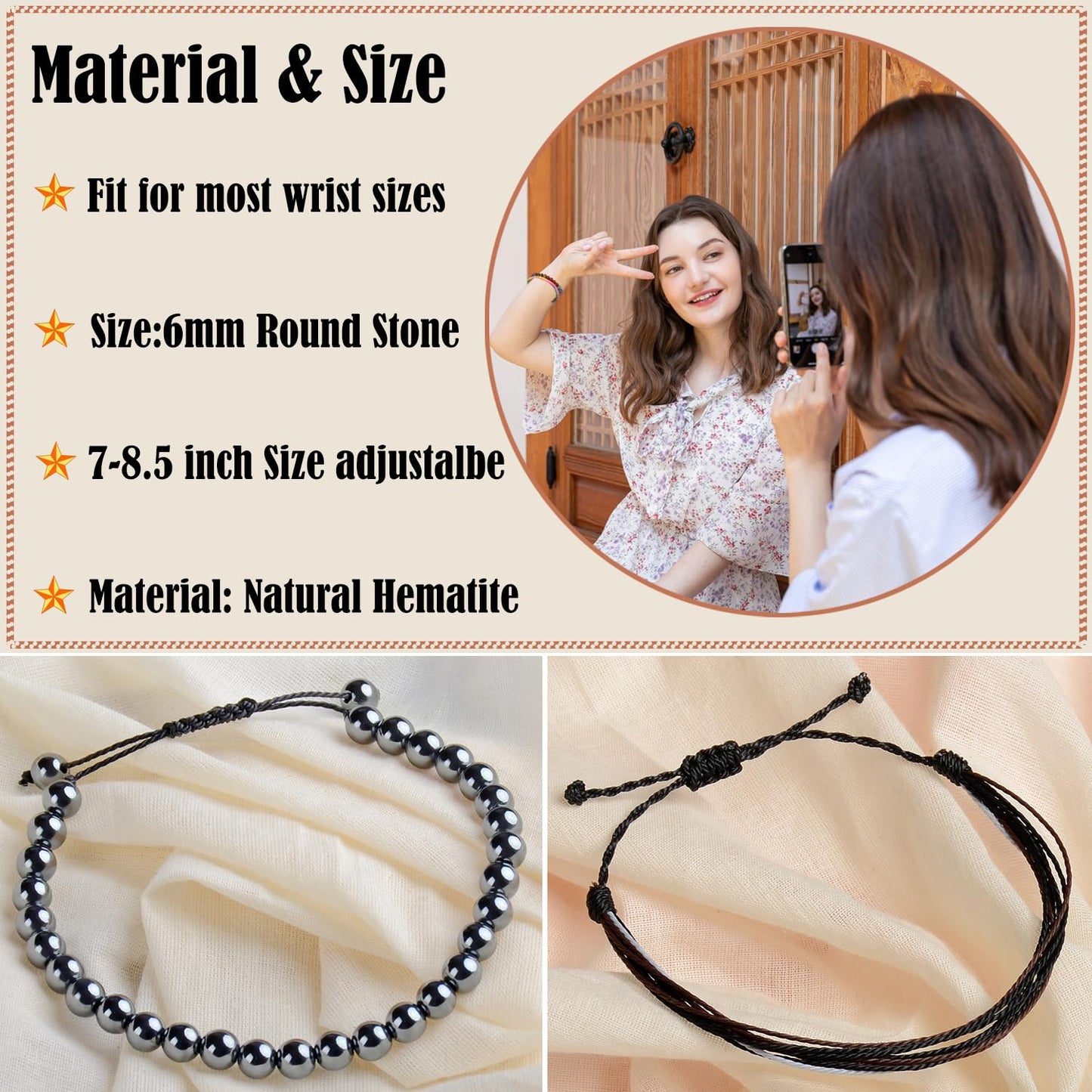 LPBeads 6mm Hematite Bracelet with Handmade Rope Bracelet Size Adjustable Natural Stone Crystal Healing Bracelets Gifts for Unisex Adults