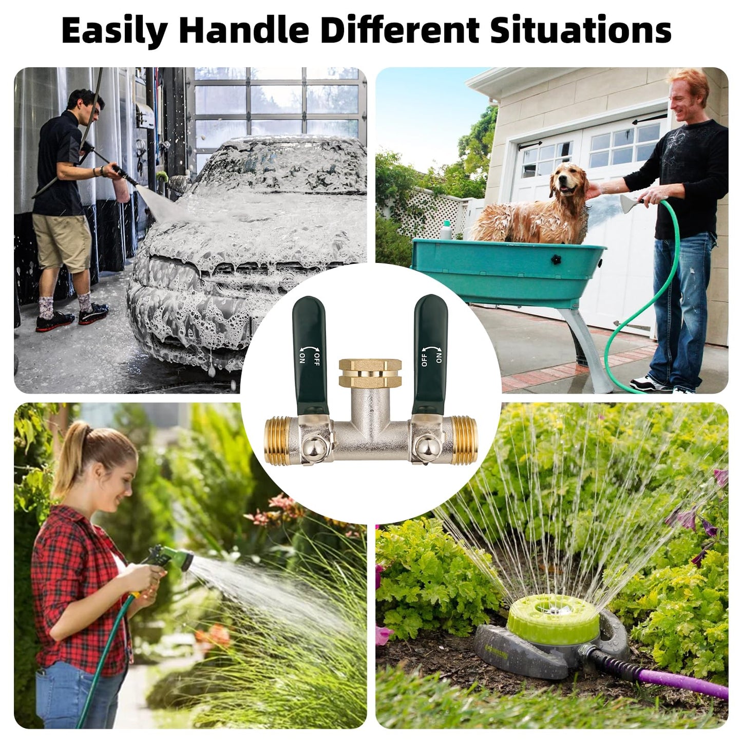 DINGBAI Hose Splitter 2 Way, Brass High Flow Garden Hose Splitter Heavy Duty, Hose Connector, Water Spigot Splitter, Full Flow Faucet Splitters with shutoff, 3/4” GHT Inlet