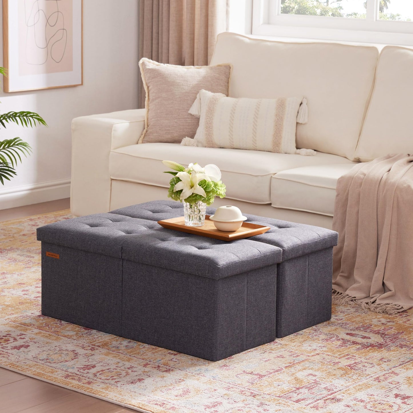 HAUSFRAU 31.5 Inches Ottoman with Storage, Folding Ottoman Bench Small Foot Rest Stool, Bedroom Bench with Flipping Lid, Linen Grey