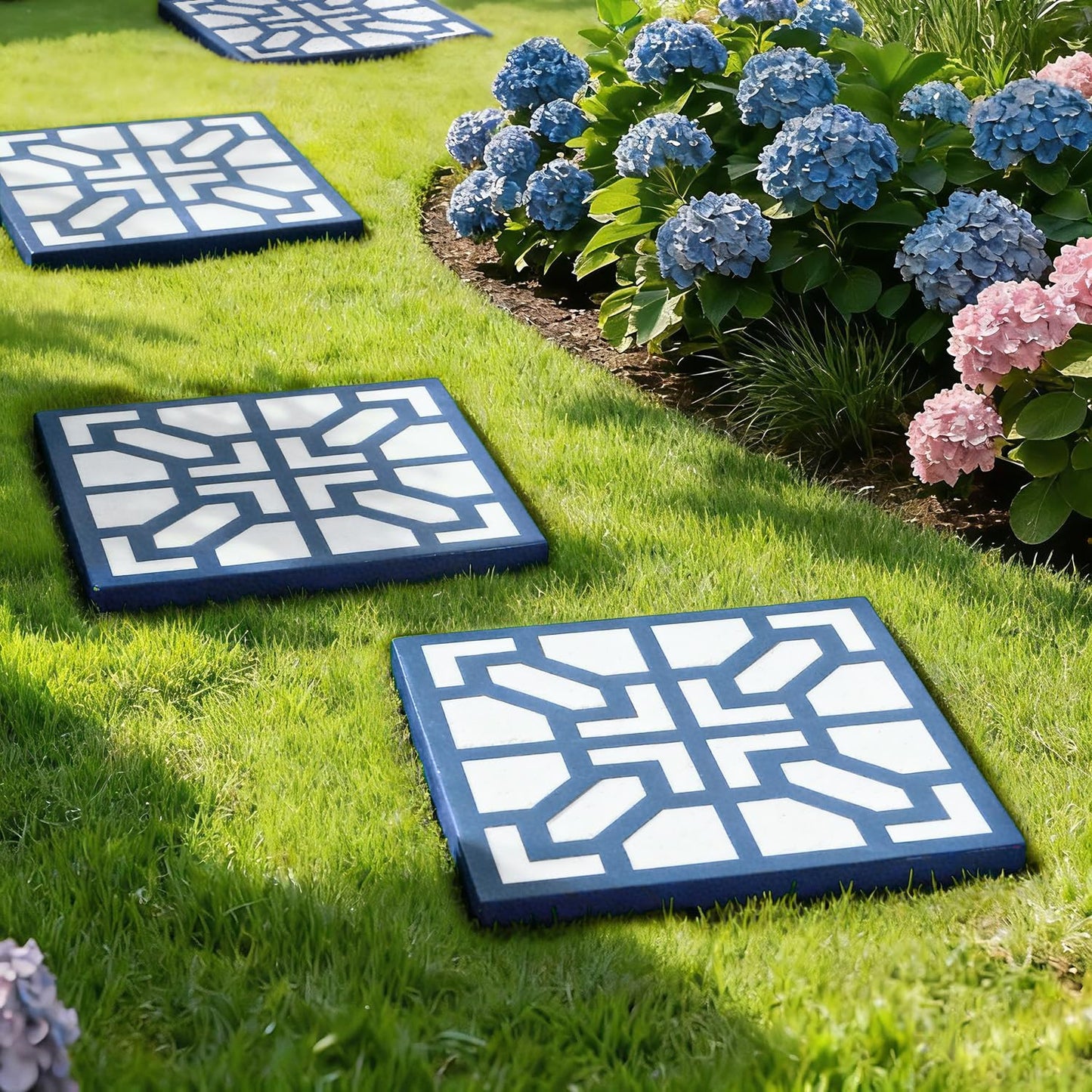 2 Pack Square Stepping Stones, 10” Cement Garden Path Stones in Moroccan Tile Design, Modern Geometric Outdoor Patio Decor, Weather-Resistant (Midnight Indigo)