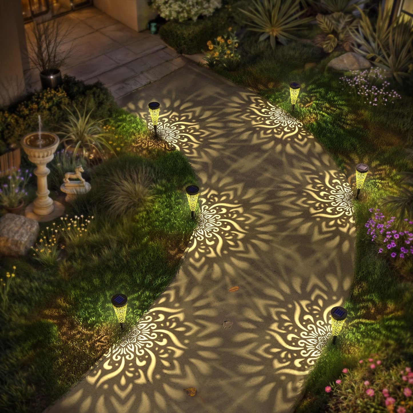gardencave 6 Pack Solar Lights Outdoor Garden Decorative Mandala Solar Garden Lights with Warm Light Waterproof Solar Pathway Landscape Lights for Path Patio Backyard Walkway Yard Lawn Decor (Black)