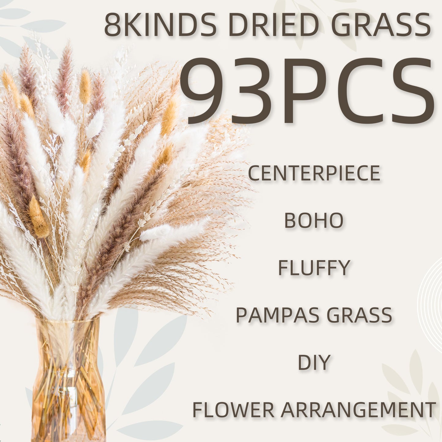 Natural Pampas Grass 8kind Grass Mix Bouquet | Dried Pampas Bouquet for Wedding Boho Flowers Home Table Desk Decor, Rustic Farmhouse Decor (93PCS)
