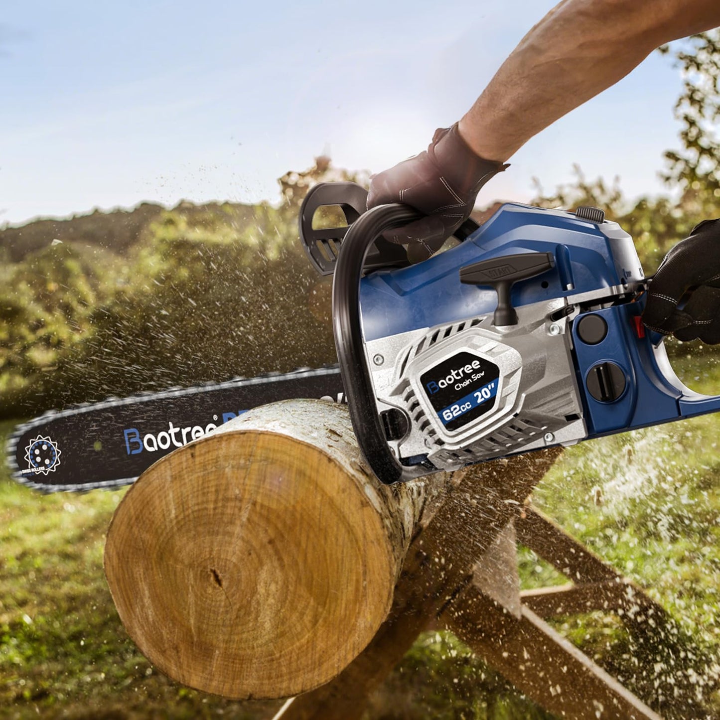 62cc Gas Chainsaw with 20 Inch Guide Bar, Professional Gasoline Chain Saw for Large Trees, Long Lasting Engine & Low Maintenance Design (Blue)