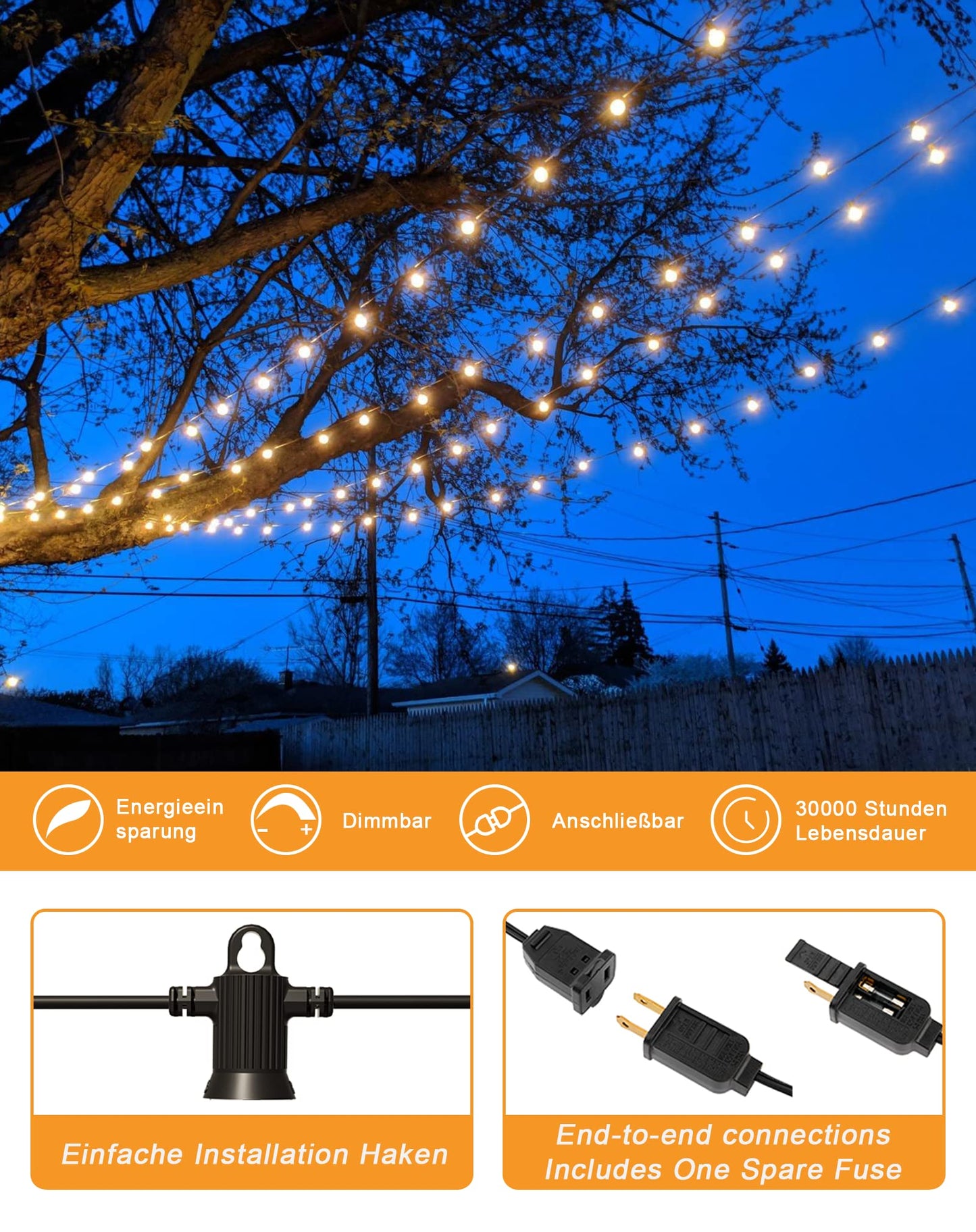 Zuske Outdoor String Lights Waterproof, 100FT LED Patio Lights with 53 Shatterproof G40 Globe Bulb(3 Spare), Connectable Dimmable Outside Hanging Lights for Backyard Porch Balcony Gazebo (2x50FT)