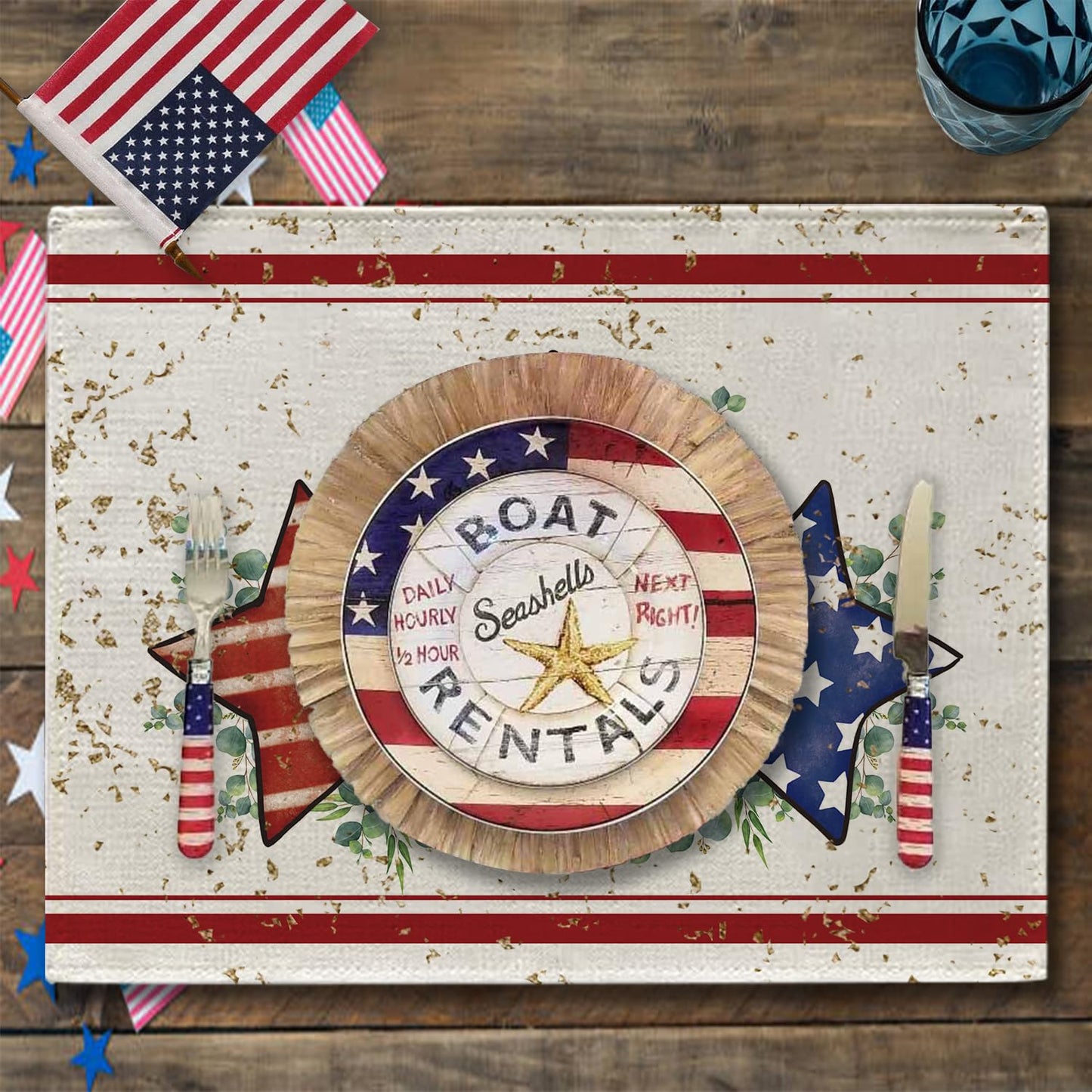GPGHE 4th of July Placemats Set of 4 America Flag Stars Stripe 12x18 Inch Burlap Table Mats Patriotic Memorial Day Independence Day Seasonal Holiday Kitchen Dining Home Outdoor Party Table Decoration