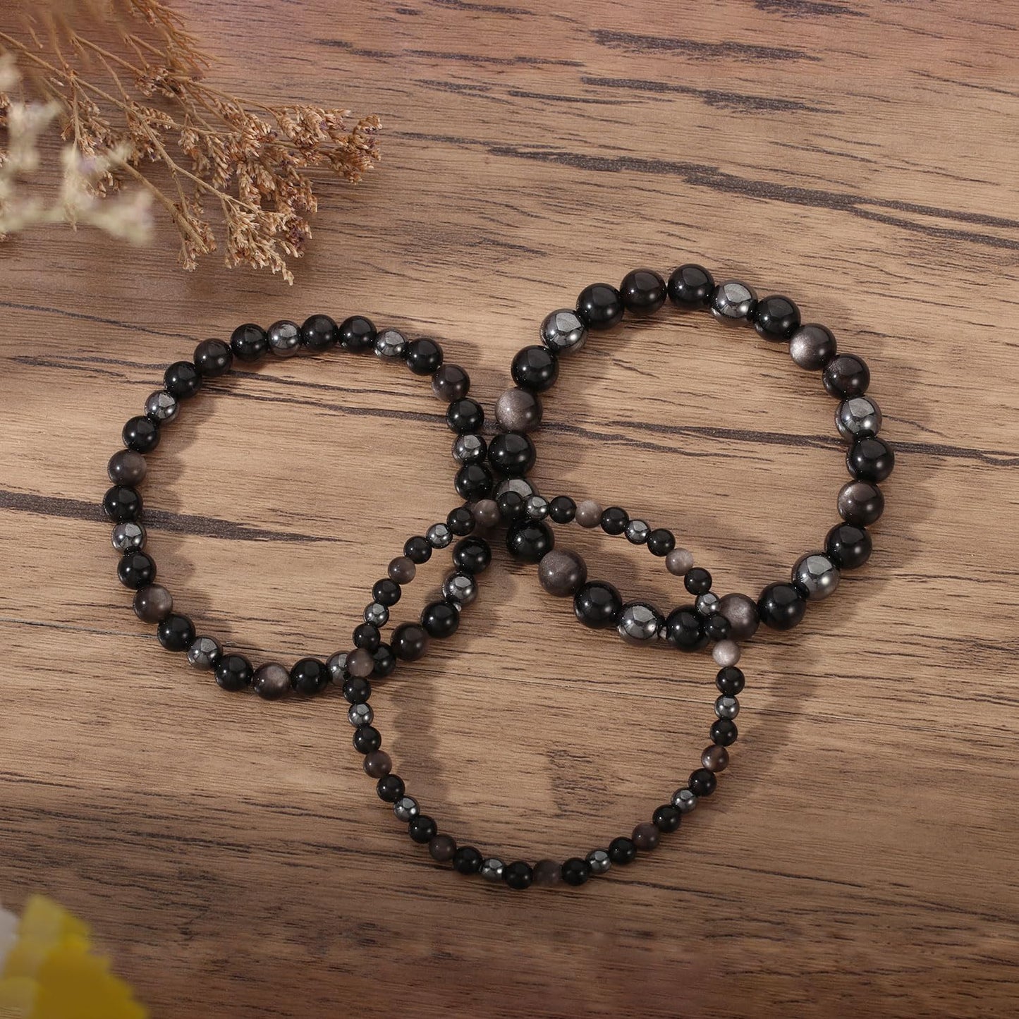 AULSIEY Hematite Black Tourmaline Obsidian Bracelet for Men, Triple Empath Protection Bracelet Gifts for Women, Protection Healing Crystal Bracelets, Evil Eye Jewelry Bracelets Mental Health-8mm