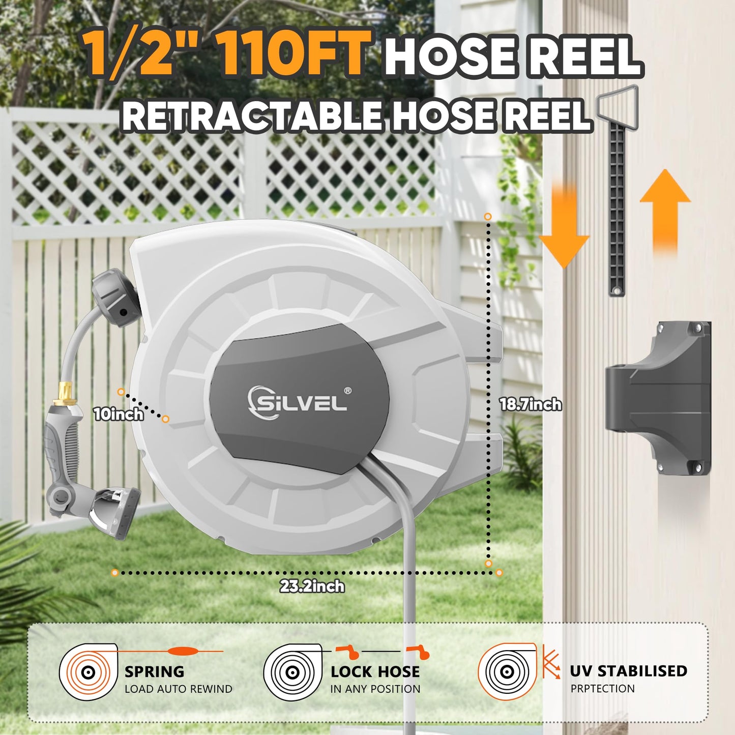 SILVEL Retractable Garden Hose Reel, 1/2 in x 110ft Wall Mount Heavy Duty Automatic Hose Reel with 10 Pattern Nozzle, Any Length Lock & Slow Return System, 180°Swivel Bracket Upgraded UV Resistant